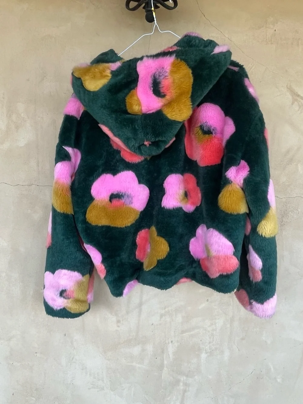 Dark Green Teddy Jacket with Pink & Coral Floral Print - Picture 2 of 2